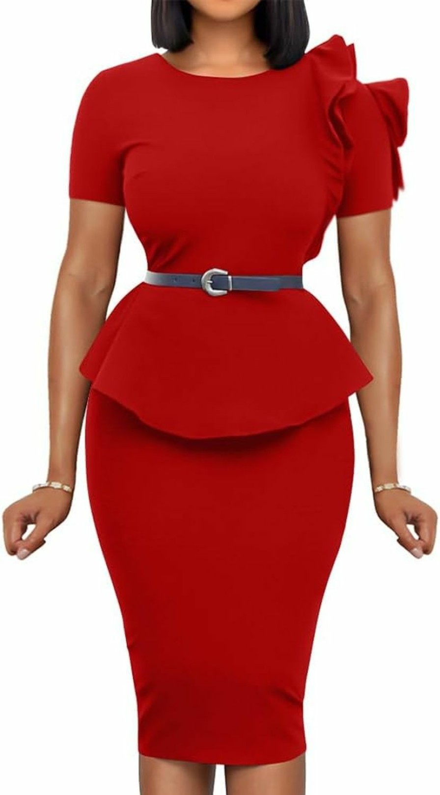 Clearance LAGSHIAN Lagshian Womens Elegant Short Sleeve Bodycon High Waist Ruffle Midi Cocktail Pencil Dress