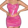 New MakeMeChic Makemechic Women'S 2 Piece Outfits Pu Leather Rhinestone Ruched Crop Cami Top And Bodycon Skirt Sets