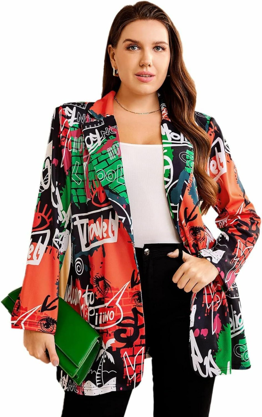 New WDIRARA Wdirara Women'S Plus Size Lapel Collar Open Front Graffiti Graphic Button Blazer Jacket