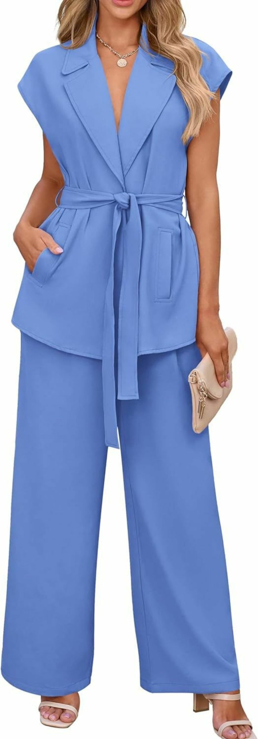 Online PRETTYGARDEN Prettygarden Women'S Summer 2 Piece Outfits 2024 Cap Sleeve V Neck Blazer Vest Wide Leg Pant Sets Office Work Clothes