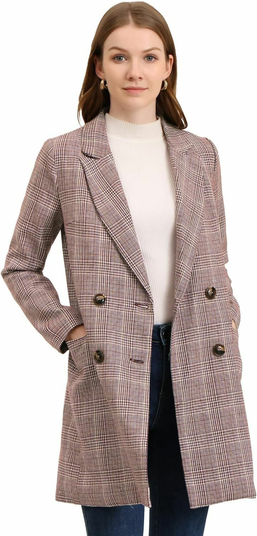 Best Allegra K Allegra K Women'S Double Breasted Notched Lapel Plaid Trench Blazer Coat