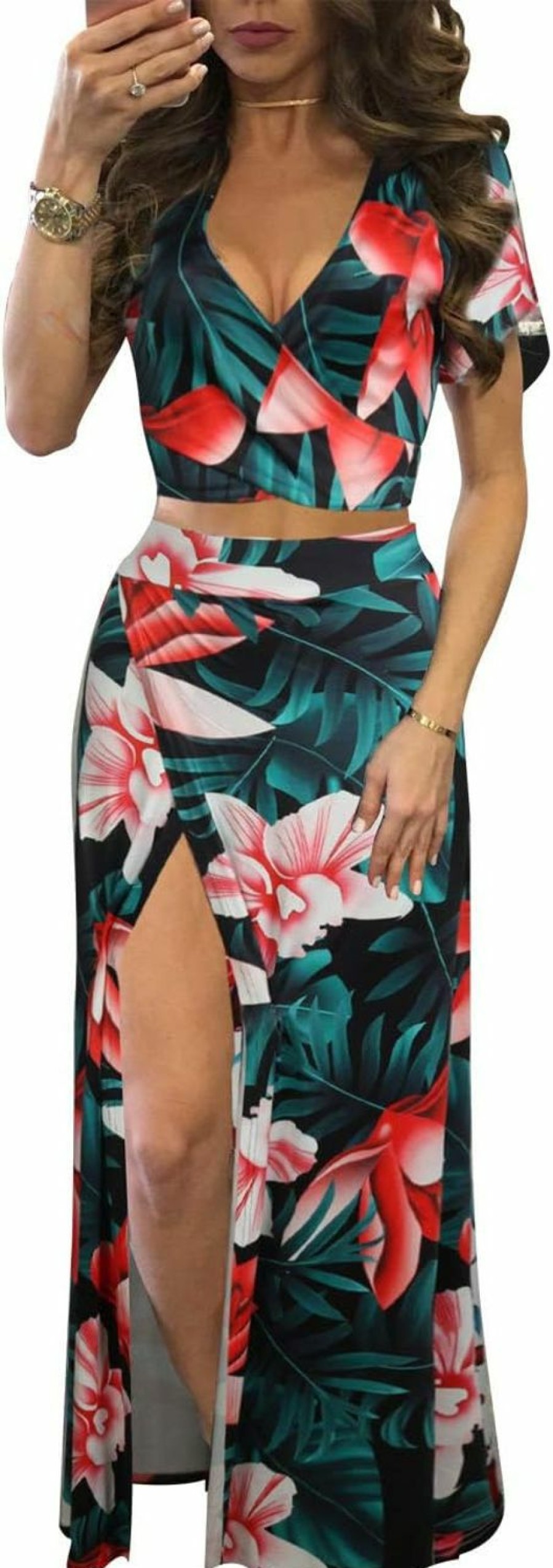 Hot WOKANSE Wokanse Women'S Sexy 2 Piece Outfits Summer Beach Boho Floral Dress V Neck Crop Tops And High Split Maxi Skirt Sets