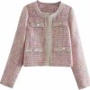 Online Xaspee Xaspee Women'S Tweed Blazers Cropped Long Sleeve Crewneck Open Front Lace Trim Lightweight Plaid Work Blazer Jackets