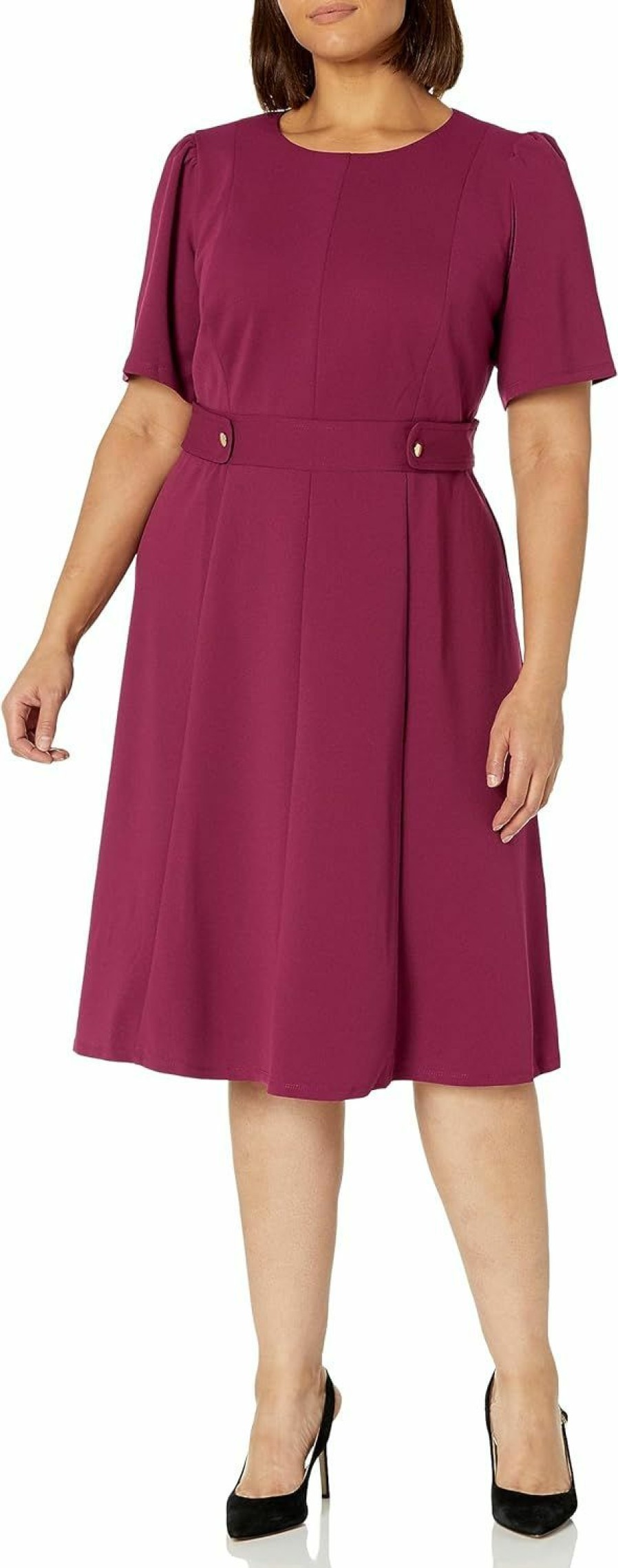 New London Times London Times Women'S Short Sleeve Crepe Fit And Flare Midi With Waist Button Detail