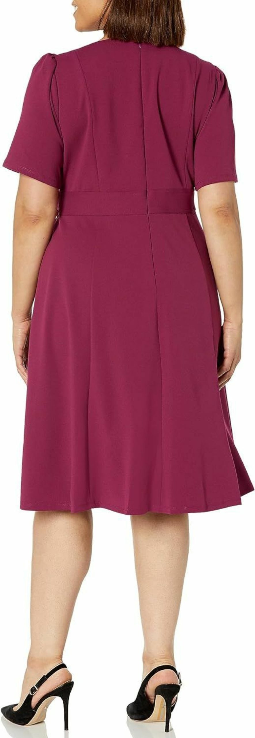 New London Times London Times Women'S Short Sleeve Crepe Fit And Flare Midi With Waist Button Detail