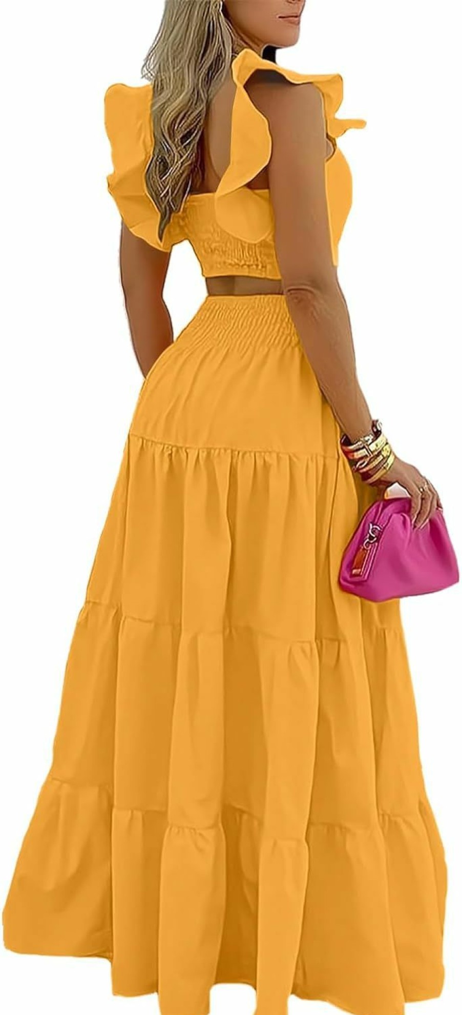 Hot Rooscier Rooscier Women'S 2 Pcs Outfits Ruffle Sleeve Tank Top High Waist Tiered Maxi Skirt Set