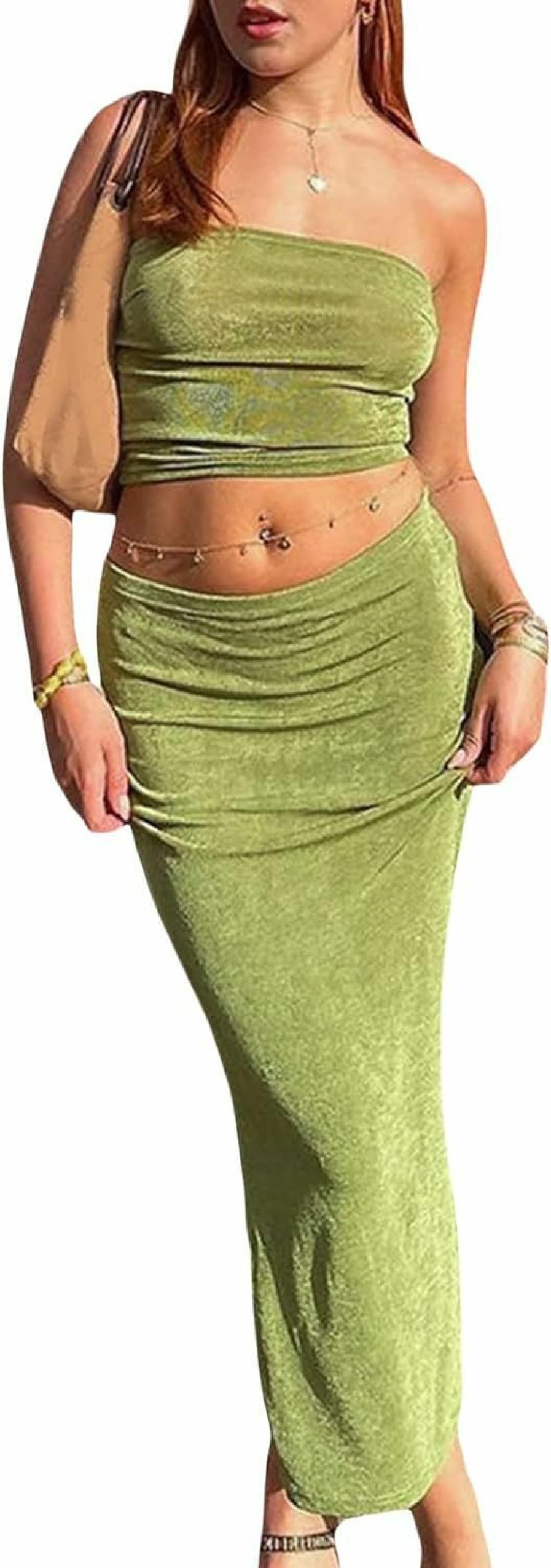 Best Leyajedol Women Y2K 2 Piece Skirt Set Low Cut Slim Fit Crop Top Low Waist Bodycon Maxi Skirt Outfit Summer Clubwear