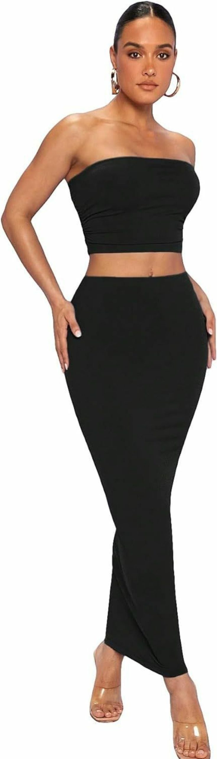 New GORGLITTER Gorglitter Women'S Sexy Two Piece Outfits Strapless Bandeau Tube Tops And Bodycon Midi Skirt Sets