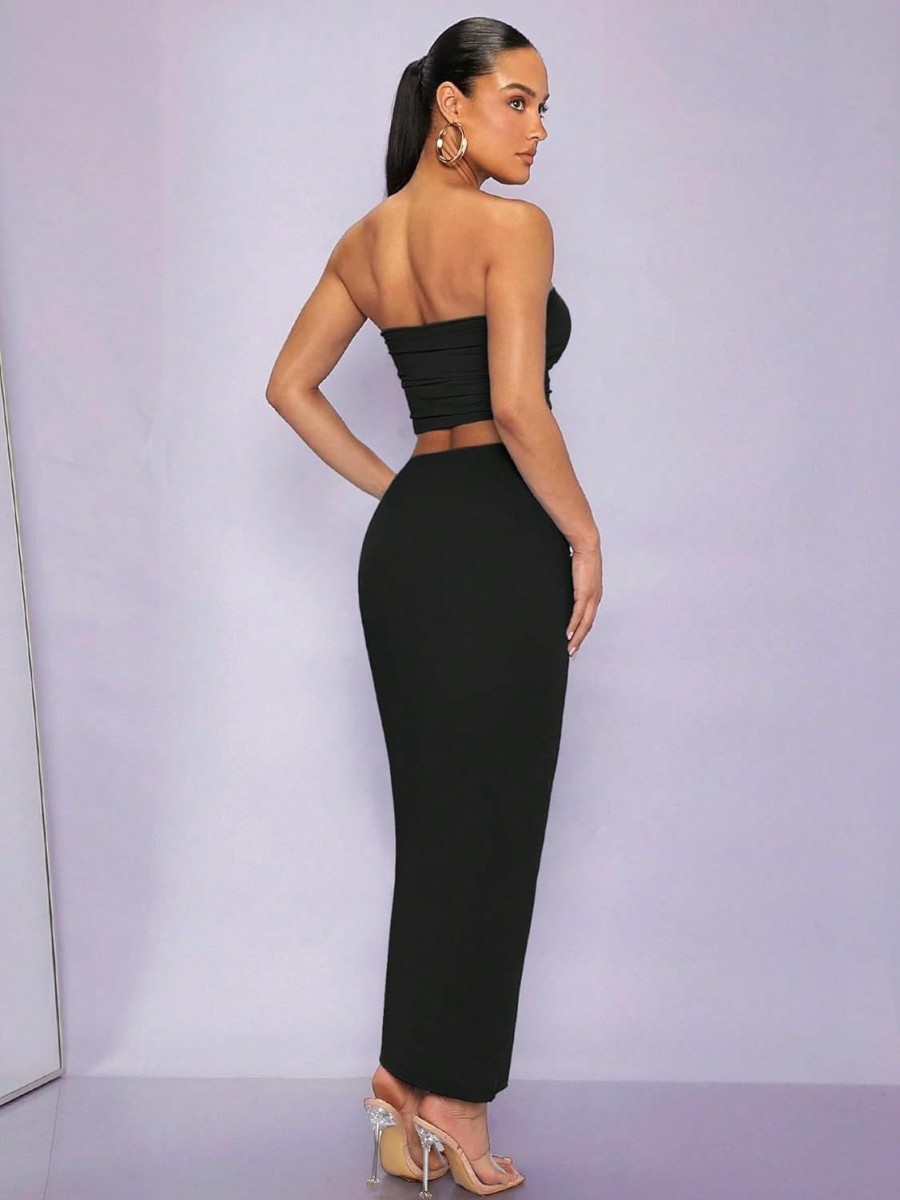 New GORGLITTER Gorglitter Women'S Sexy Two Piece Outfits Strapless Bandeau Tube Tops And Bodycon Midi Skirt Sets