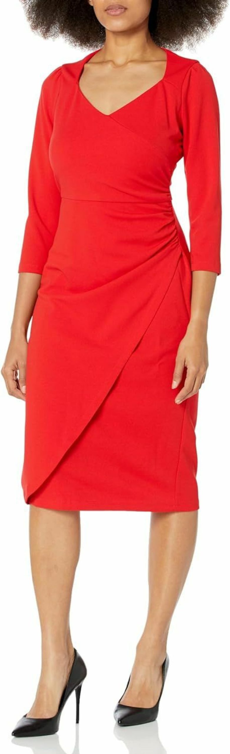 Best London Times London Times Women'S Sweetheart Neck Side Gather Midi Polished Chic Versatile Career Event Dress With Sleeves