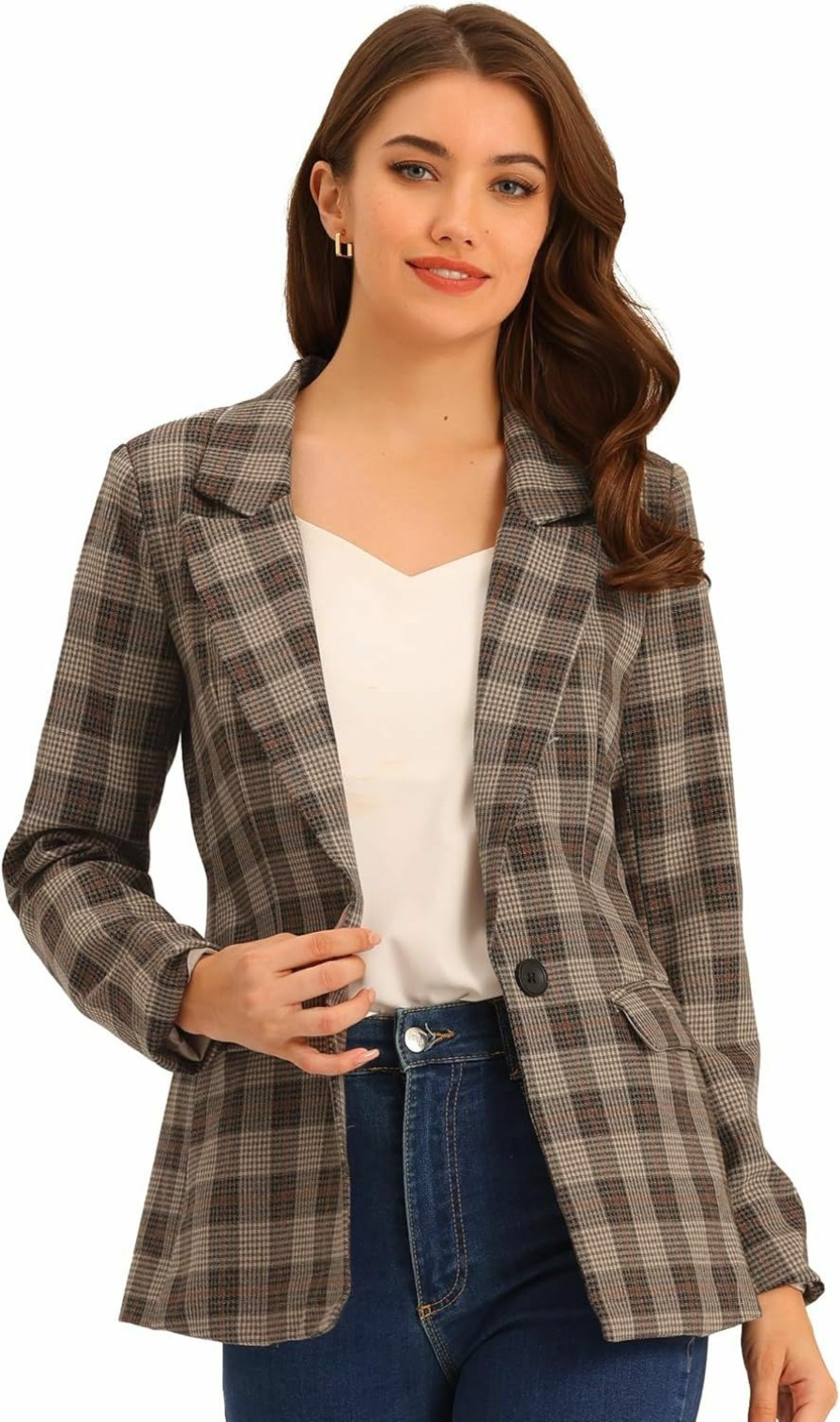 Best Allegra K Allegra K Women'S Notched Lapel One Button Boyfriend Blazer Suit Plaid Blazer Jacket