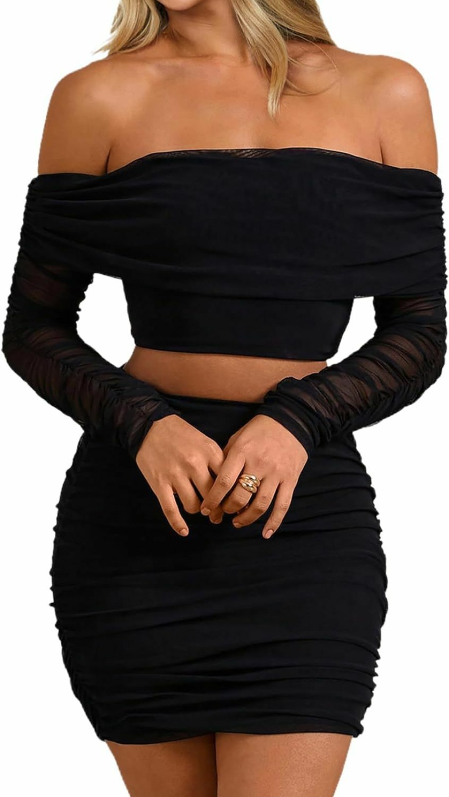 Hot CSDAJIO Women'S 2 Piece Club Outfits For Women Ruched Mesh Long Sleeve Off Shouler Crop Top And Bodycon Mini Skirt Set