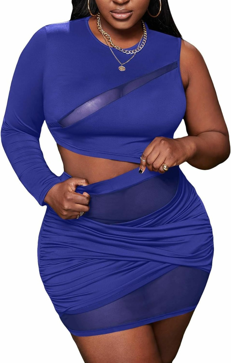 Wholesale Floerns Floerns Women'S Plus Size Ruched Skirt Set Contrast Mesh Crop Top 2 Piece Outfit