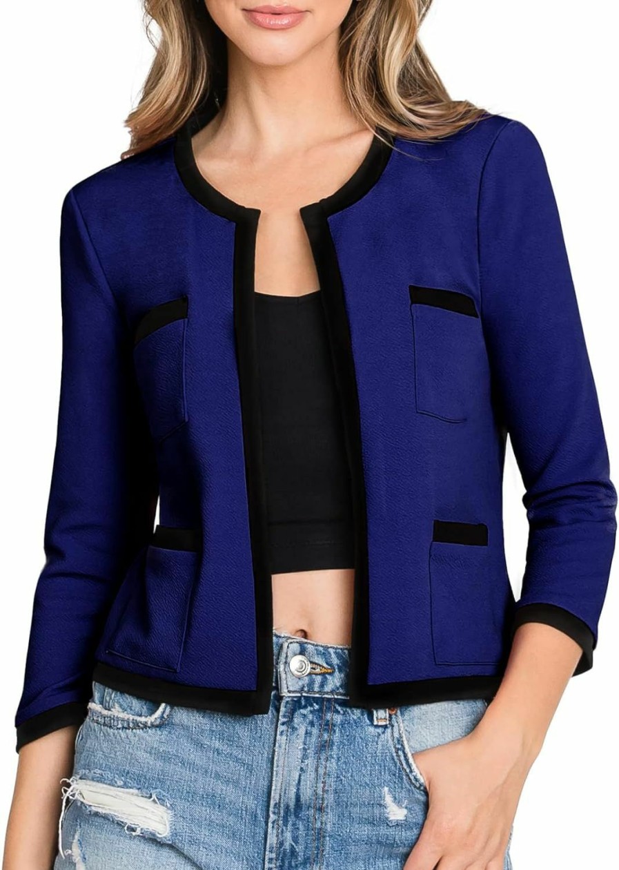 Best DOUBLJU Doublju Casual Open Front Crop Blazers 3/4 Sleeve Round Neck Formal Cropped Jackets For Womens With Plus Size Business Work