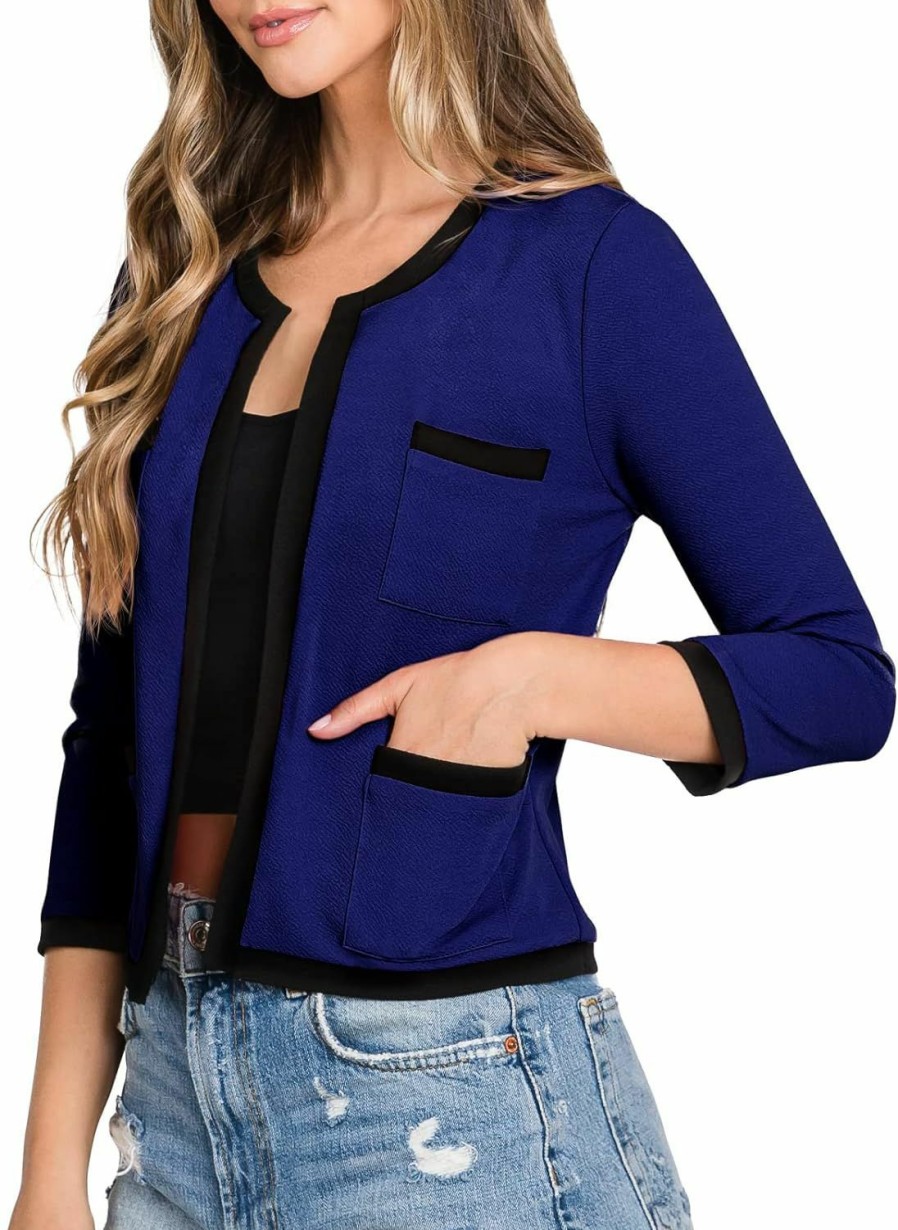 Best DOUBLJU Doublju Casual Open Front Crop Blazers 3/4 Sleeve Round Neck Formal Cropped Jackets For Womens With Plus Size Business Work