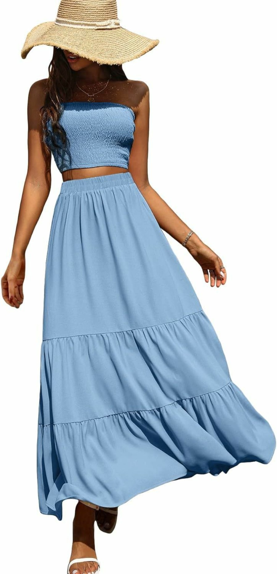 Clearance MakeMeChic Makemechic Women'S 2 Piece Outfits Strapless Crop Tube Top And Ruffle Long Skirt Set