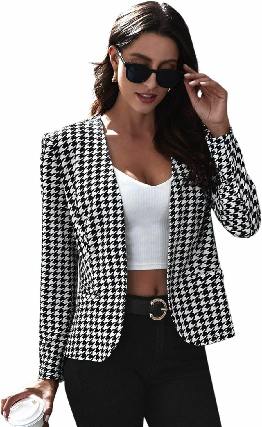 Clearance Milumia Milumia Women Elegant Open Front Houndstooth Blazer Work Office Jacket Outwear