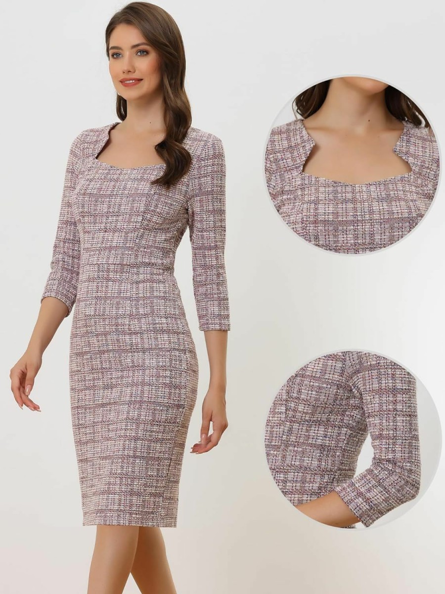 Best Allegra K Allegra K Elegant Work Dress For Women 3/4 Sleeve Plaid Tweed Bodycon Dresses