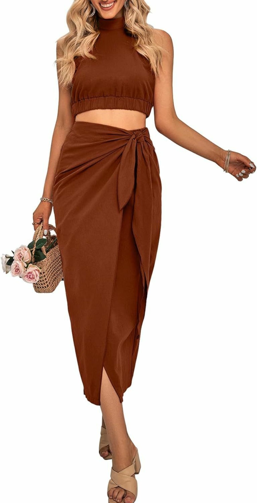 Hot CFLONGE Cflonge Women'S 2 Piece Outfits Casual Sleeveless Halter Crop Top And Draped Ruched Skirt Solid Set For Cocktail Party