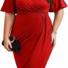 Clearance ZOMVA Z0Mva 2024 Plus Size 1X-4X Wrap V Neck Short Bell Sleeve Midi Dress For Cocktail Wedding Guest Formal Party Business