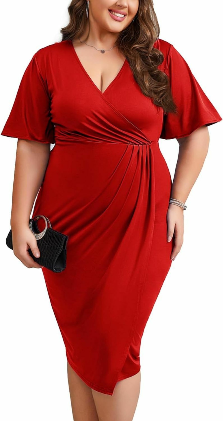 Clearance ZOMVA Z0Mva 2024 Plus Size 1X-4X Wrap V Neck Short Bell Sleeve Midi Dress For Cocktail Wedding Guest Formal Party Business