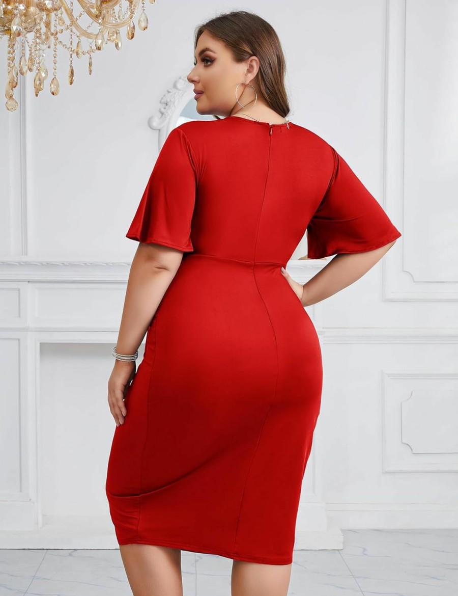 Clearance ZOMVA Z0Mva 2024 Plus Size 1X-4X Wrap V Neck Short Bell Sleeve Midi Dress For Cocktail Wedding Guest Formal Party Business