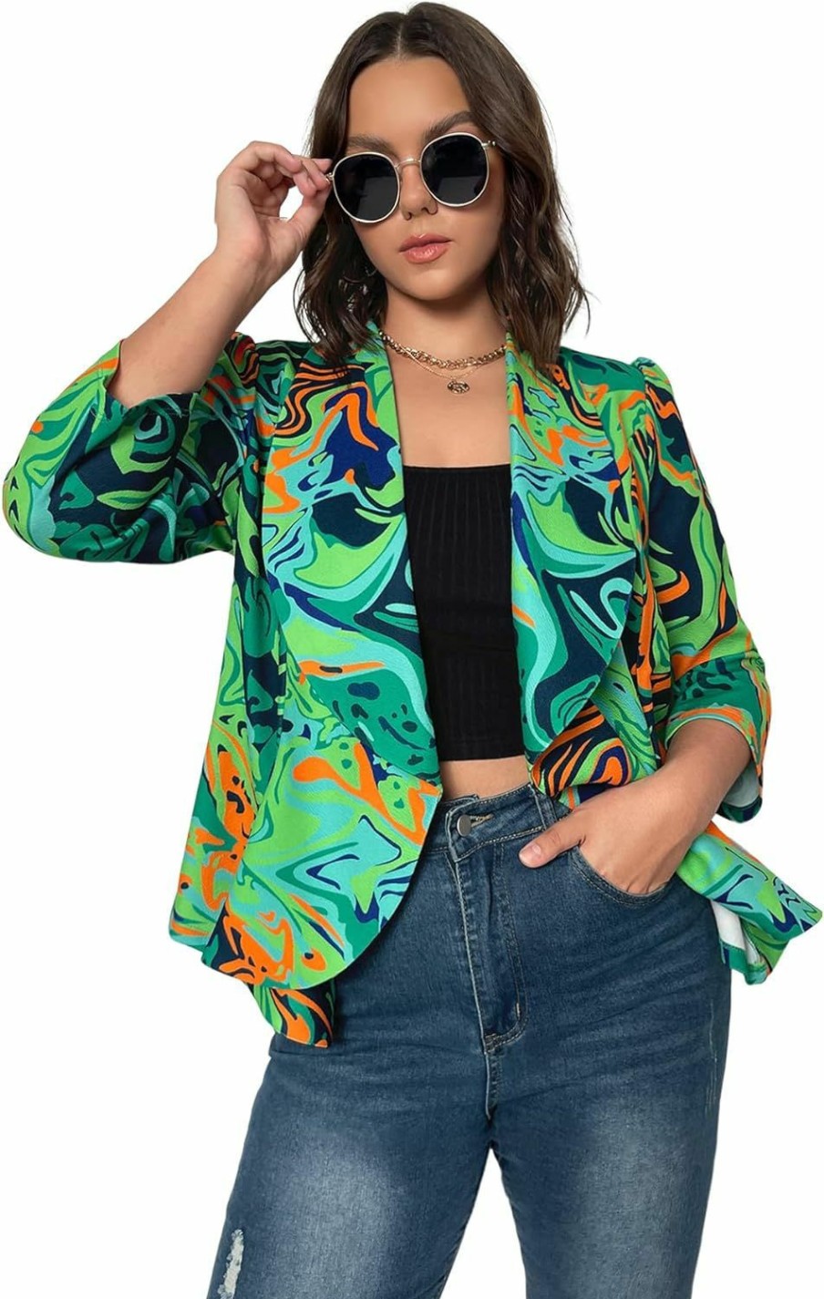 Wholesale WDIRARA Wdirara Women'S Printed Open Front 3/4 Sleeve Blazer Ruffle Jacket Outerwear