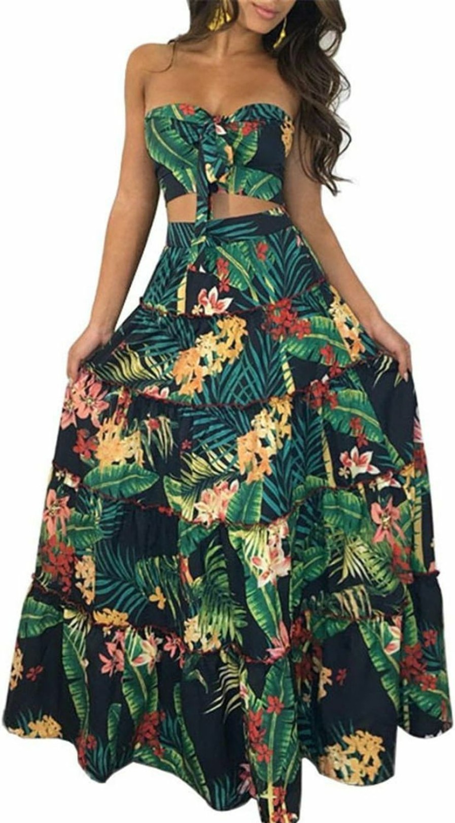 Wholesale Unknown Cluster 2Pcs Women Suits Wrapped Crop Top + Skirt Set Party Club Maxi Dress