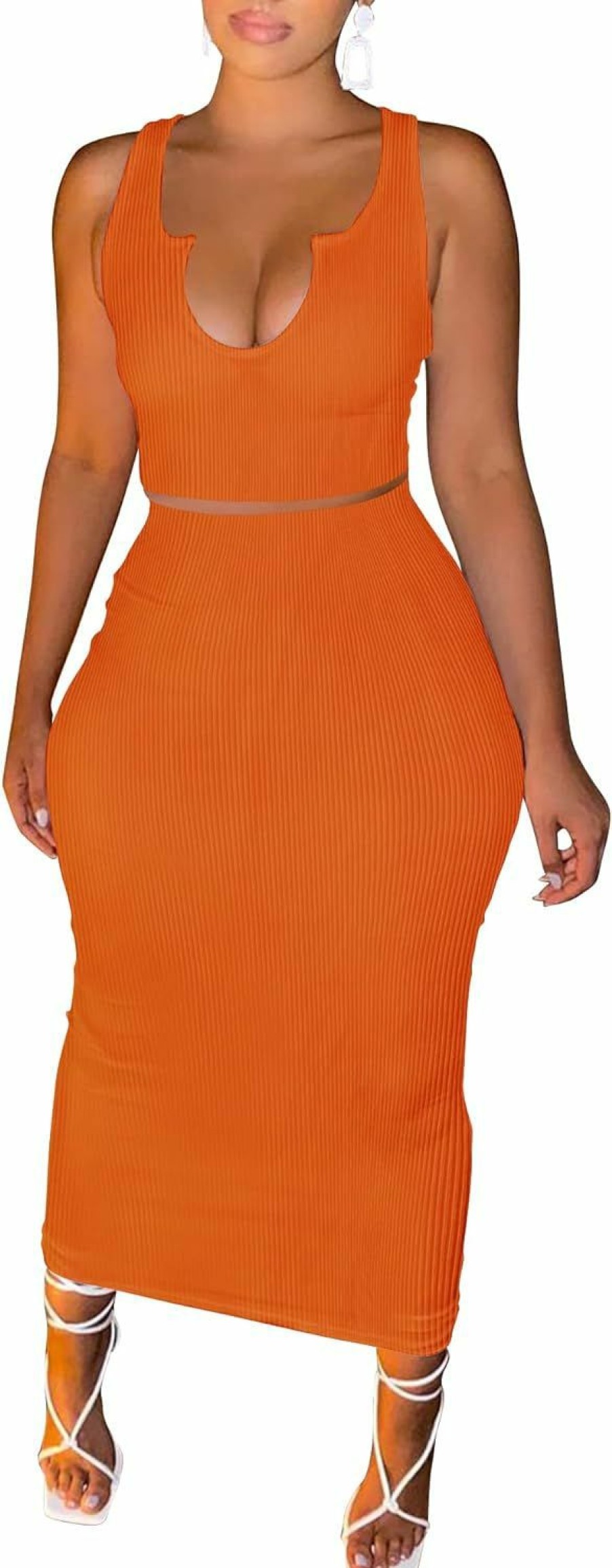 Hot MOEENCN Women Sexy Two Piece Skirt Outfits Long Sleeve/Sleeveless V Neck Bodycon Ribbed Knitted Maxi Club Party Dress