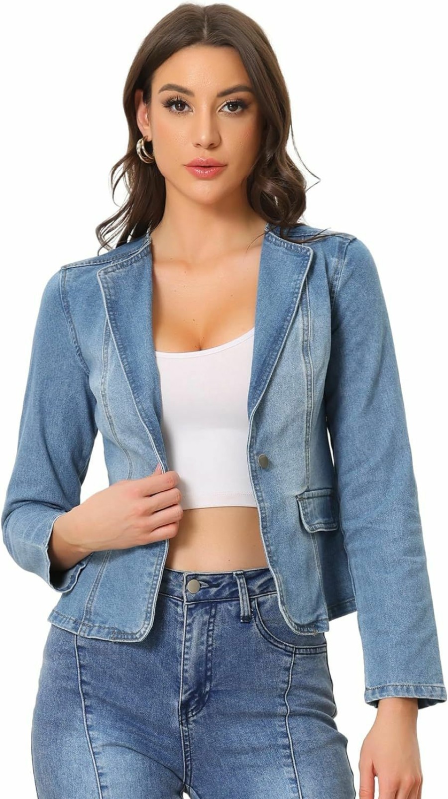 Hot Allegra K Allegra K Women'S Stretchy Jean Jacket Lapel Collar One Button Long Sleeve Work Casual Light Weight Denim Jackets