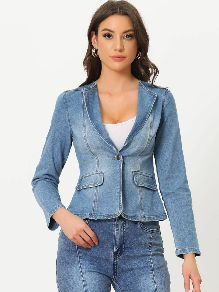 Hot Allegra K Allegra K Women'S Stretchy Jean Jacket Lapel Collar One Button Long Sleeve Work Casual Light Weight Denim Jackets