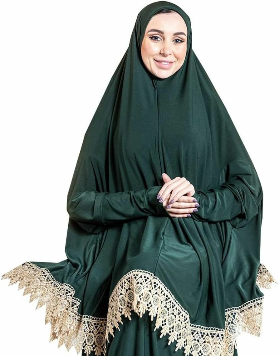 Wholesale Generic Women'S Prayer Dress 2 Pieces Lycra Solid Color Plus Long Sleeve | One-Size | Hijab Abaya Suit (Dark Green)