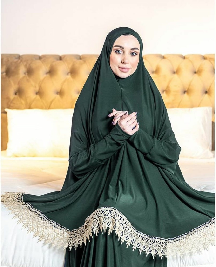 Wholesale Generic Women'S Prayer Dress 2 Pieces Lycra Solid Color Plus Long Sleeve | One-Size | Hijab Abaya Suit (Dark Green)