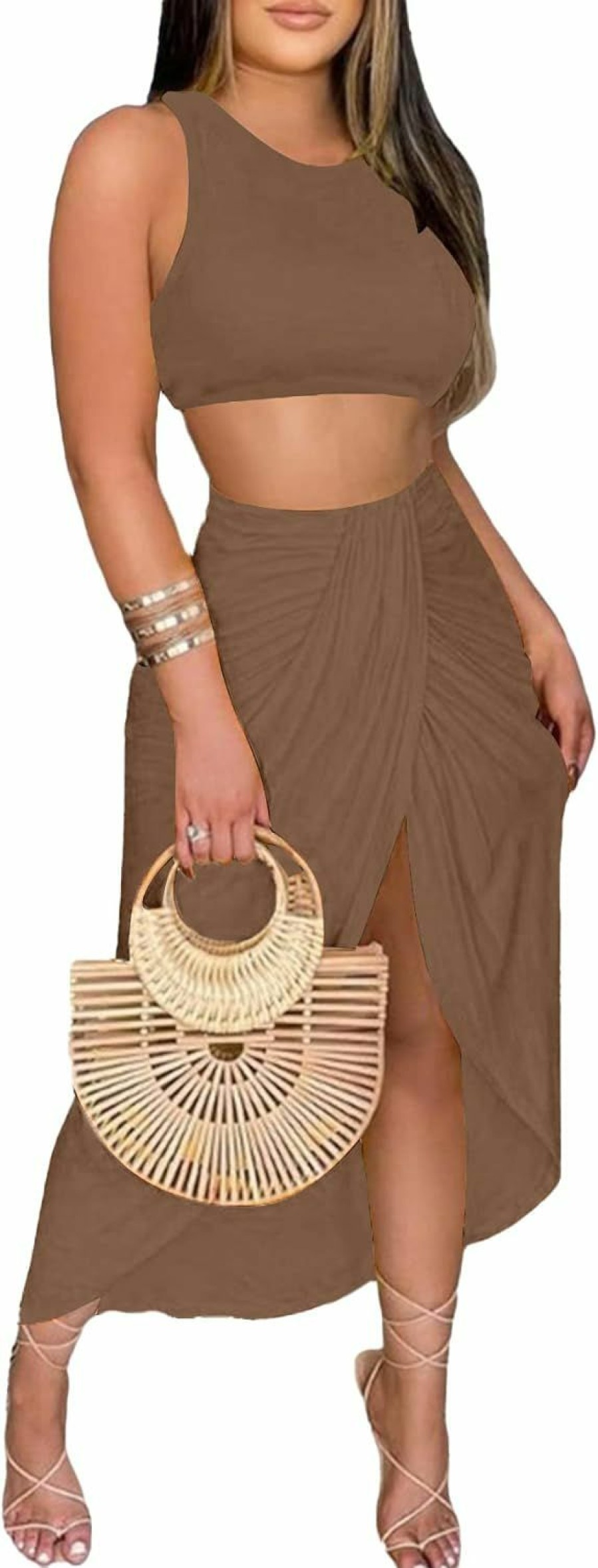 New LYANER Lyaner Women'S 2 Piece Outfits Sleeveless Tank Crop Top And Wrap Split Slit Ruched Bodycon Midi Skirt