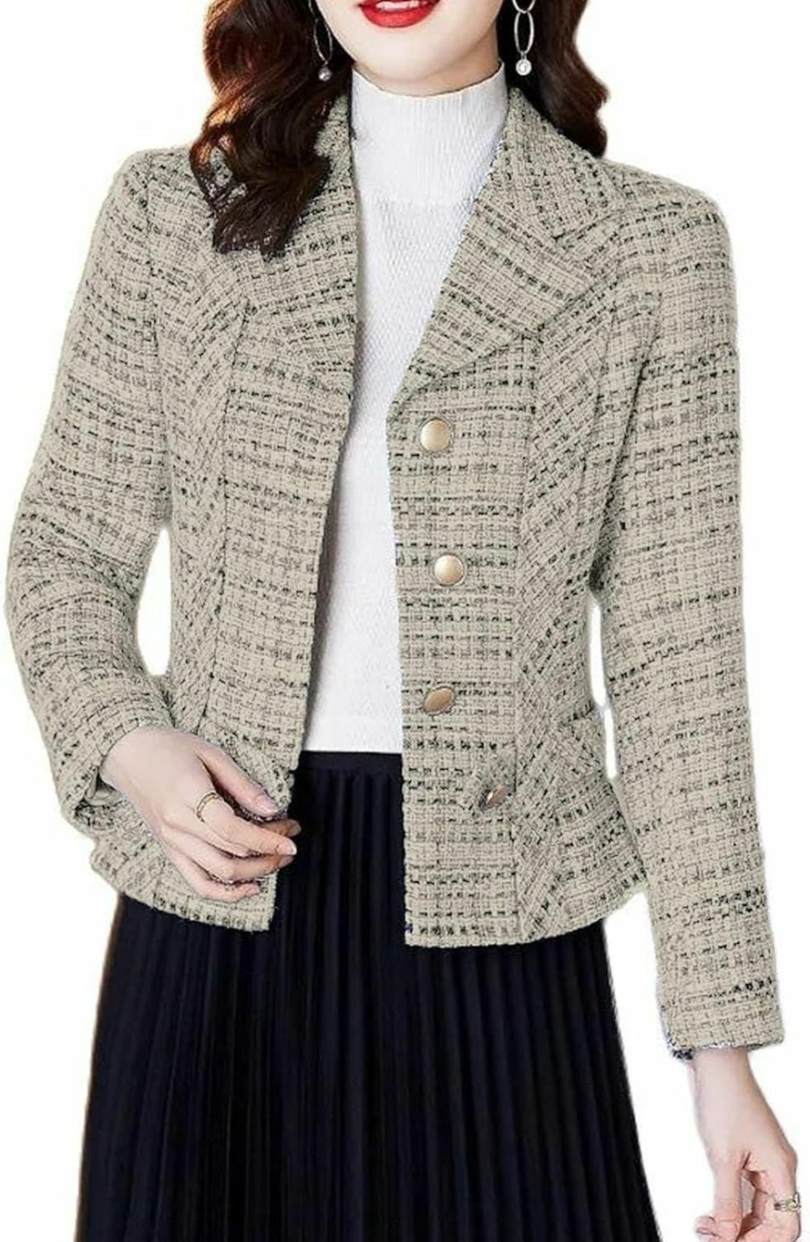 New Mina self Tweed Plaid Blazers Jackets For Women Cropped Lapel Open Front 2023 New Fall Winter Fashion Work Office Outfit