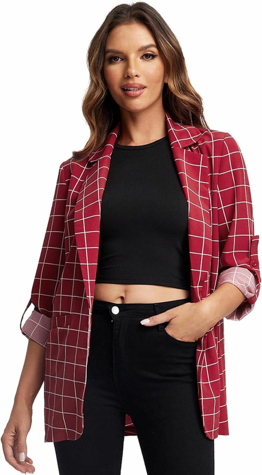 New Milumia Milumia Women'S Open Front Blazer Casual Lightweight Plaid Roll Up Sleeve Jacket Shirt