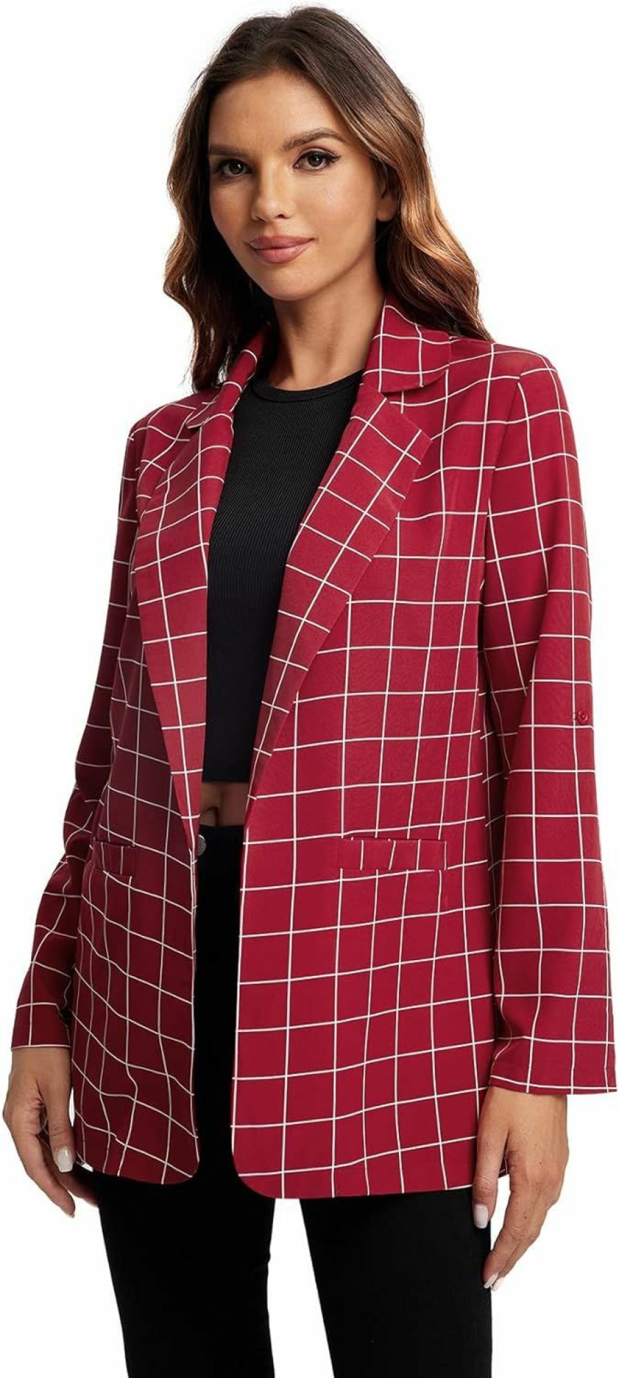 New Milumia Milumia Women'S Open Front Blazer Casual Lightweight Plaid Roll Up Sleeve Jacket Shirt