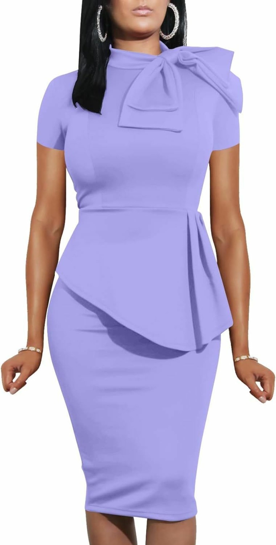 New LAGSHIAN Lagshian Women Fashion Peplum Bodycon Short Sleeve Bow Club Ruffle Pencil Party Dress