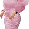 Best ONTINVA Women'S Floral Lace Long Sleeve Patchwork Mesh Slim Pencil Midi Dress