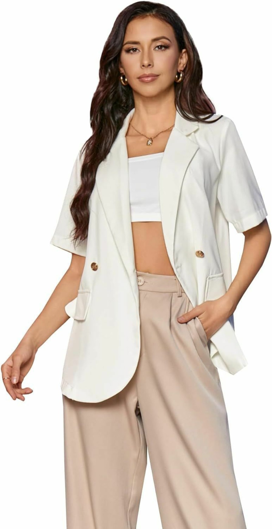 Hot SweatyRocks Sweatyrocks Women'S Casual Lapel Neck Pocket Blazer Short Sleeve Button Down Work Office Blazer Jacket