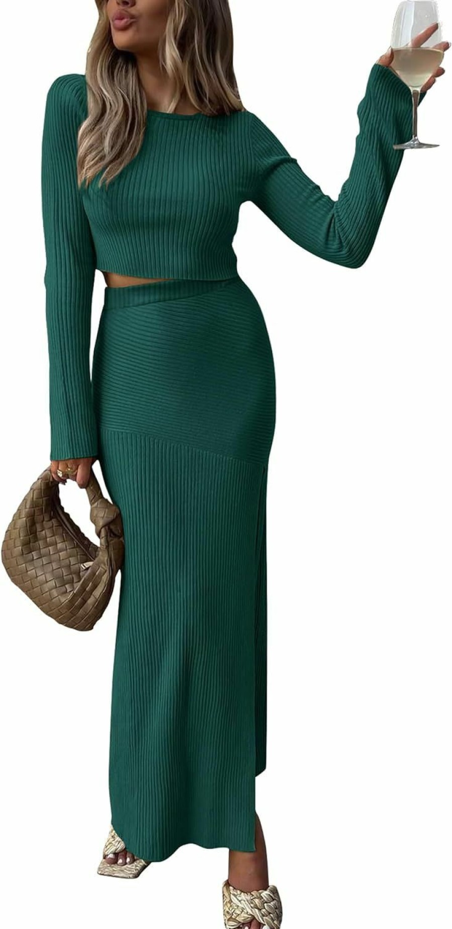 Best PRETTYGARDEN Prettygarden 2024 Fall 2 Piece Outfits For Women Rib Knit Crop Top And Slit Maxi Dress Skirt Sets Tracksuit