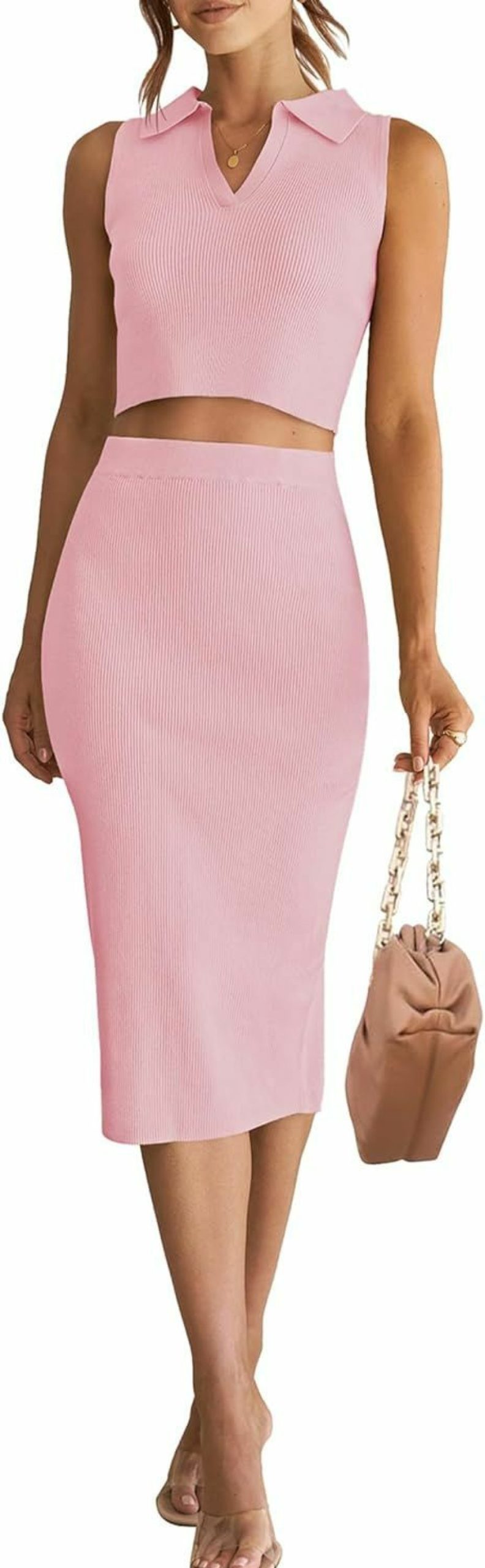 Clearance HAEOF Haeof Women'S 2 Piece Summer Outfits Ribbed Knit Sleeveless Crop Tops Bodycon Midi Skirt Sets 2024 Casual Dress