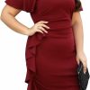 Best Celkuser Celkuser Plus Size Casual Cocktail Party Pencil Midi Dresses For Women Retro Ruffle Sleeve V Neck Wear To Work Bodycon Dress