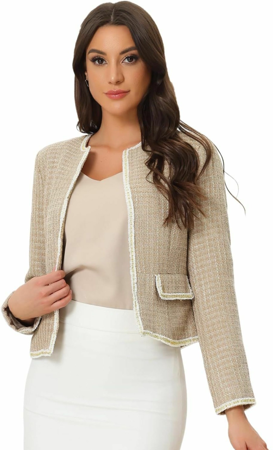 Online Allegra K Allegra K Women'S Plaid Tweed Blazer Long Sleeve Open Front Work Office Short Jacket