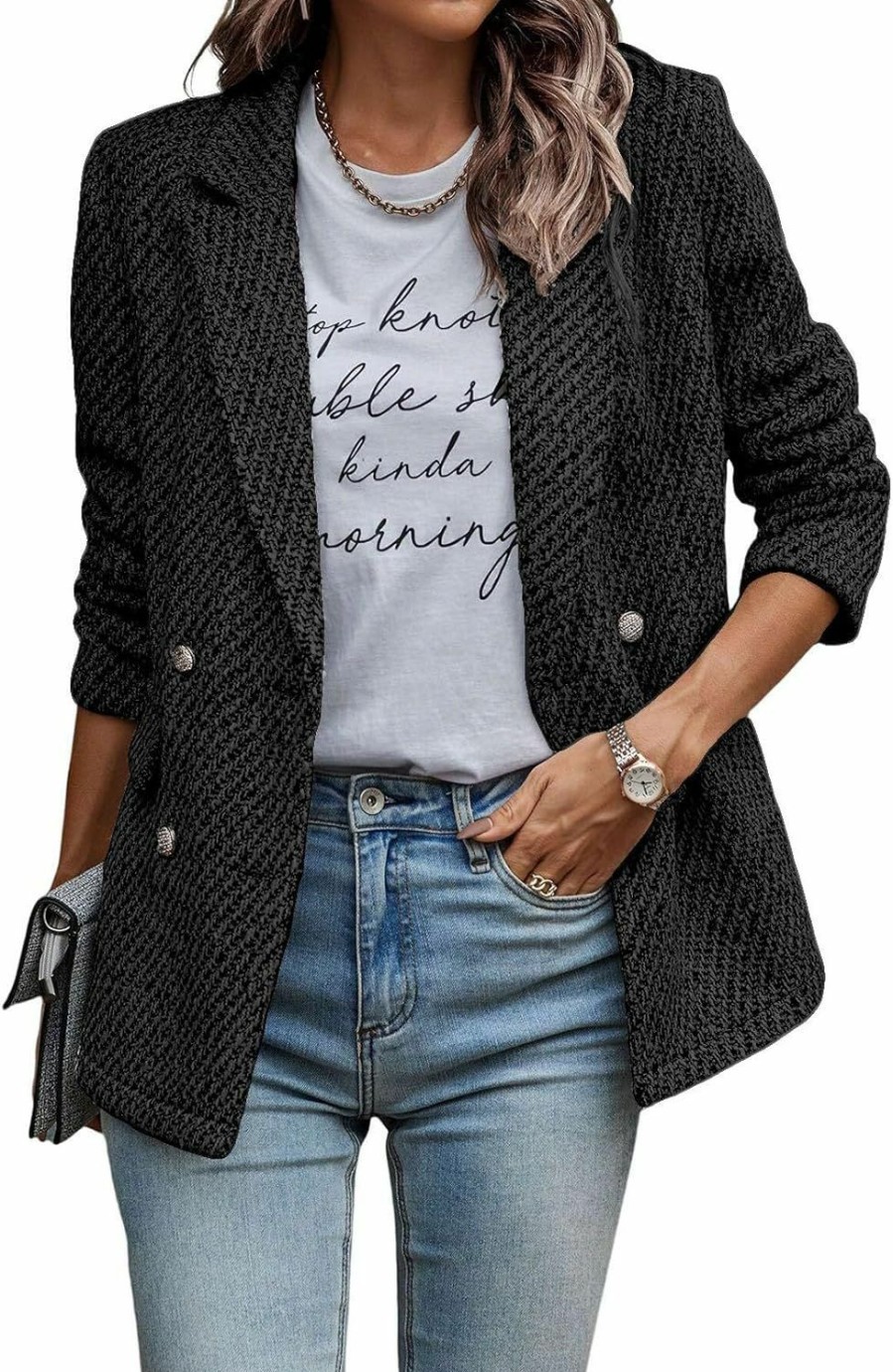 Hot Mina self Tweed Jacket Women Long Sleeve Open Front Double Breasted Casual Work Office Blazer Jackets With Pockets