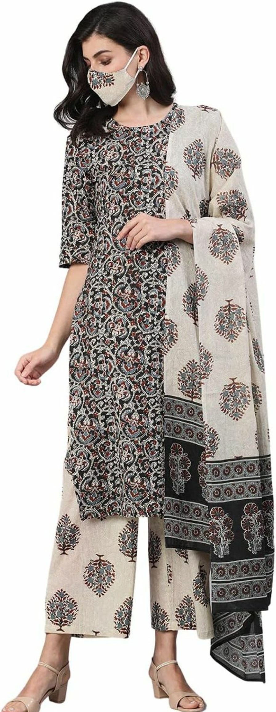 Wholesale Ebbani Women'S Cotton Printed Kurti With Palazzo Pant Dupatta Set - Black