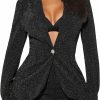 Best WDIRARA Wdirara Women'S Sequin Glitter V Neck Blazer Long Sleeve Button Front Open Front Blazer Stand Collar Jacket Waistcoat