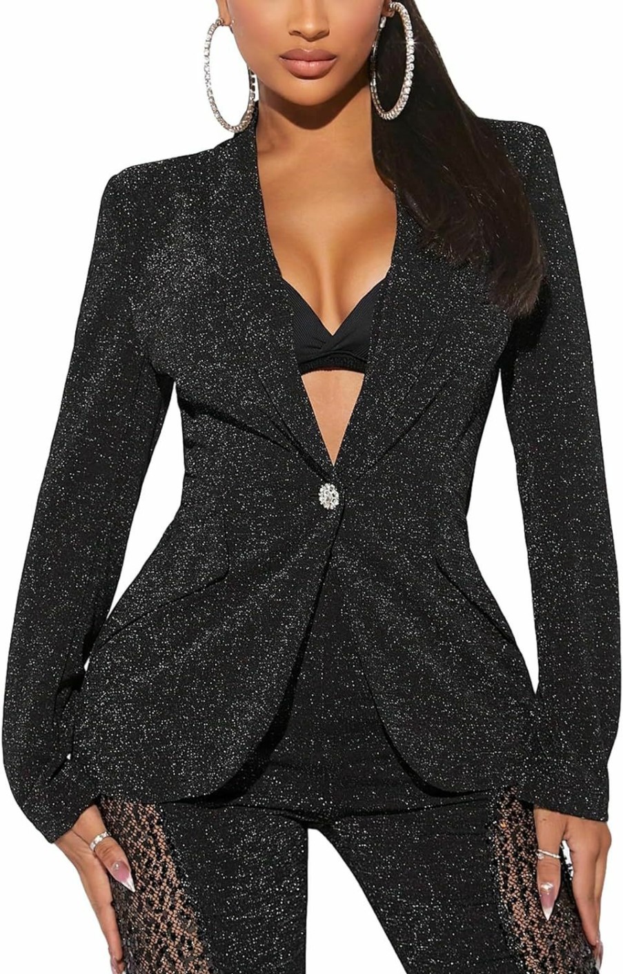 Best WDIRARA Wdirara Women'S Sequin Glitter V Neck Blazer Long Sleeve Button Front Open Front Blazer Stand Collar Jacket Waistcoat