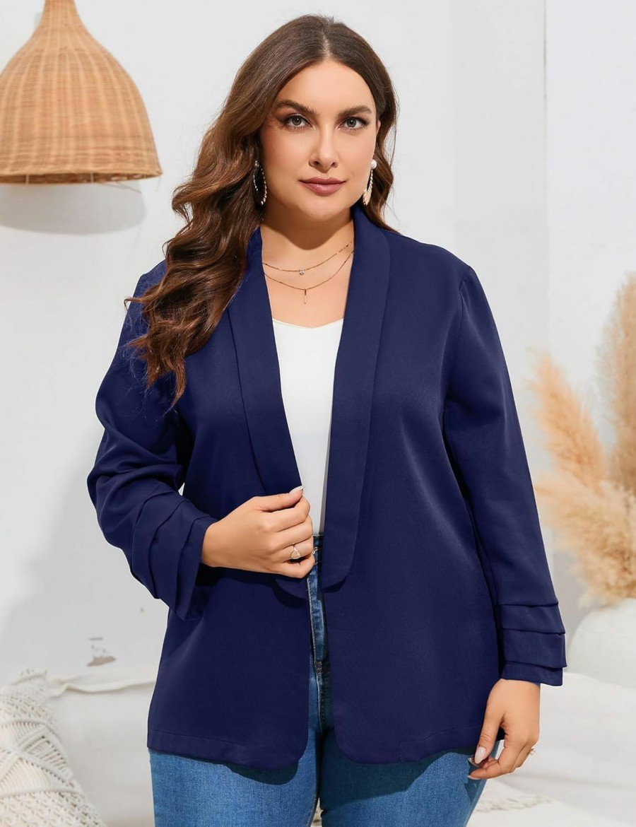 Best ShopWonder Womens Plus Size Casual Pocketed Blazer Office Open Front 3/4 Sleeve Cardigans Jacket Work Suit