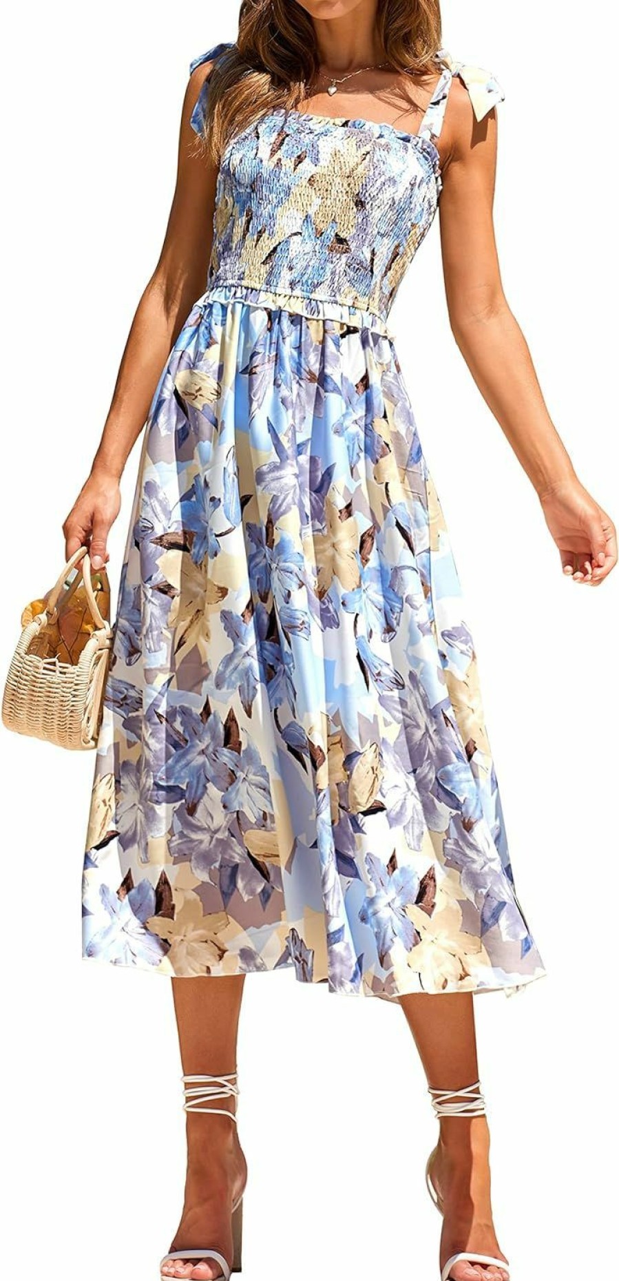 Wholesale PRETTYGARDEN Prettygarden Women Summer Dresses 2024 Tie Strap Square Neck Smocked Ruffle Flowy Floral Print Boho Maxi Cocktail Dress